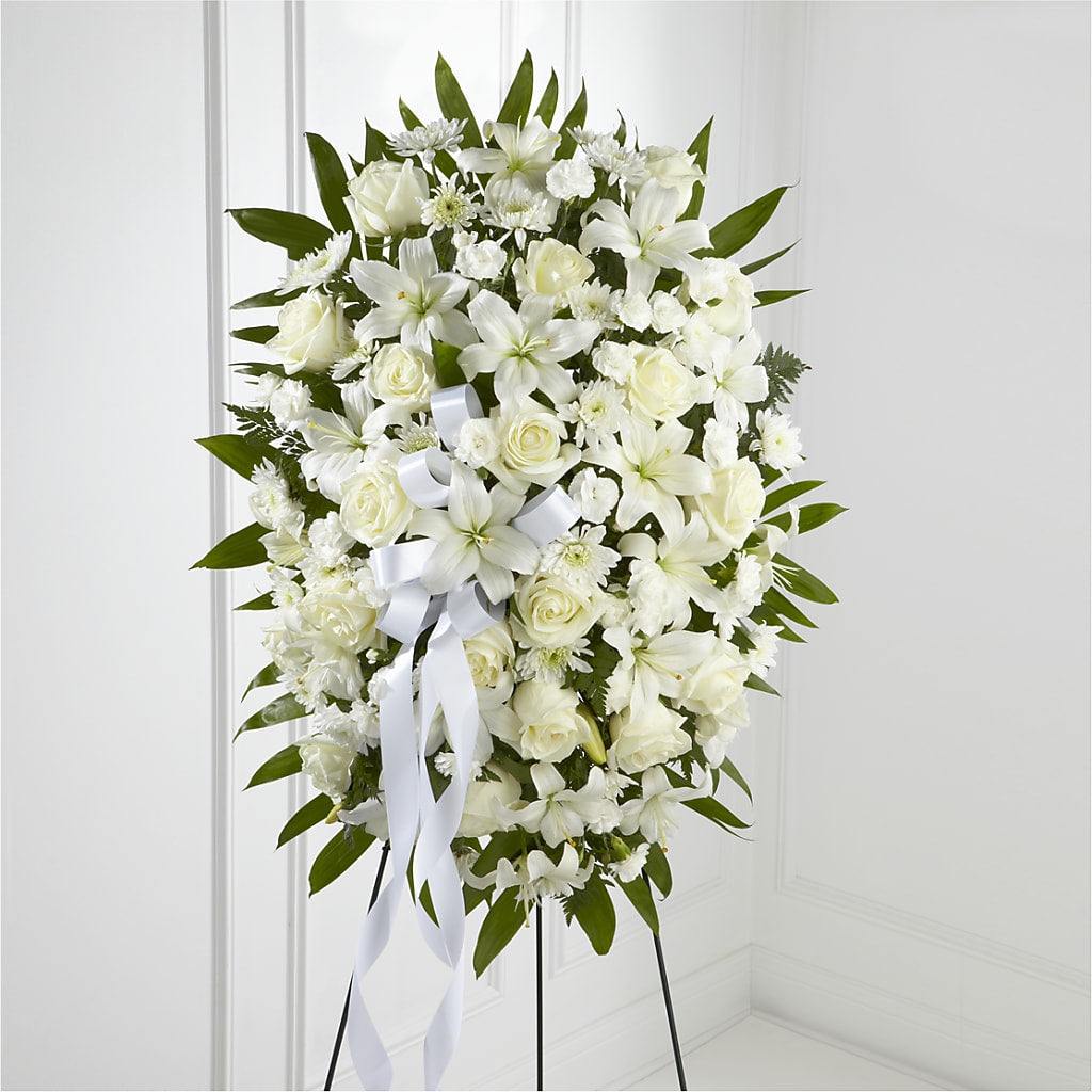 Exquisite Tribute Standing Spray-White Ribbon – RALPH'S, Compton CA