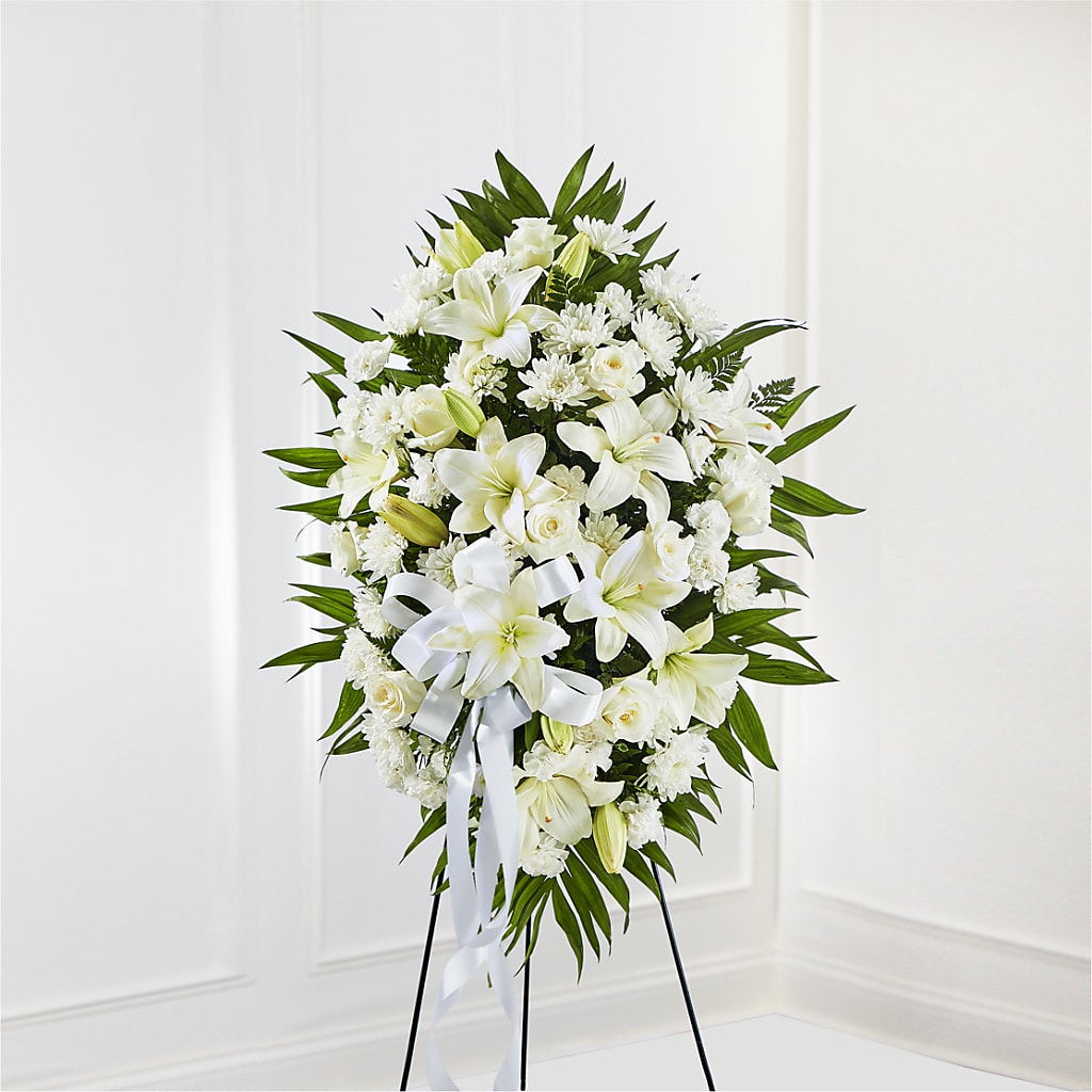 Exquisite Tribute Standing Spray-White Ribbon – RALPH'S, Compton CA